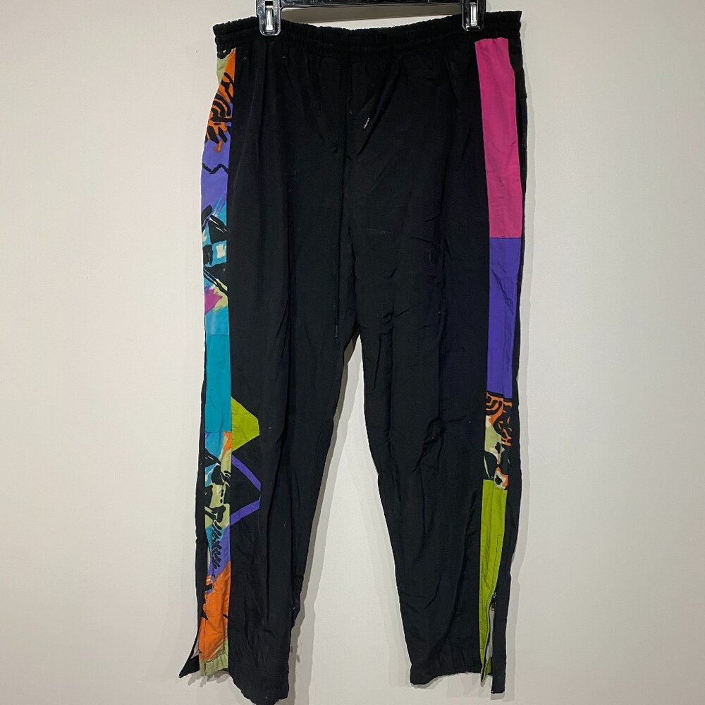 Vintage 80s 90s Nylon Windbreaker Baggy Track Pants, Abstract Jazz Design